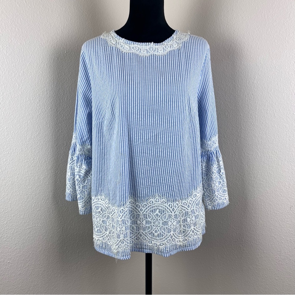 Zac Rachel Shirt Womens Extra Large Stripe Lace Cottage Coastal Beach Blue